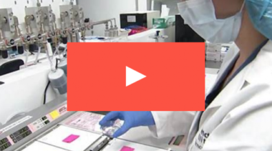 A banner of a lab technician working